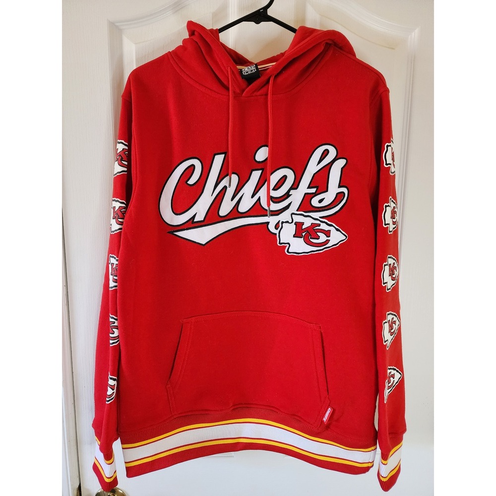 NFL Team Apparel Kansas City Chiefs Red Embroidered Hoodie Mens M Striped Hem